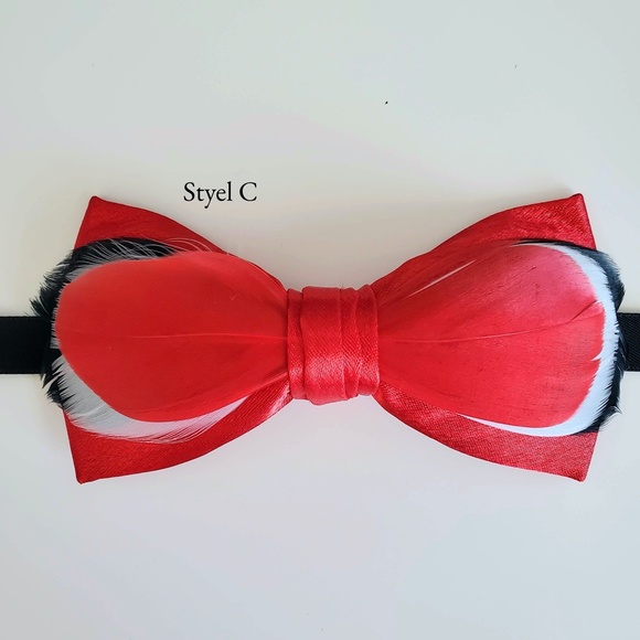 NEW Black Red Modern Groom Natural Multi layer Feather Evening Bow Tie - Picture 4 of 6
